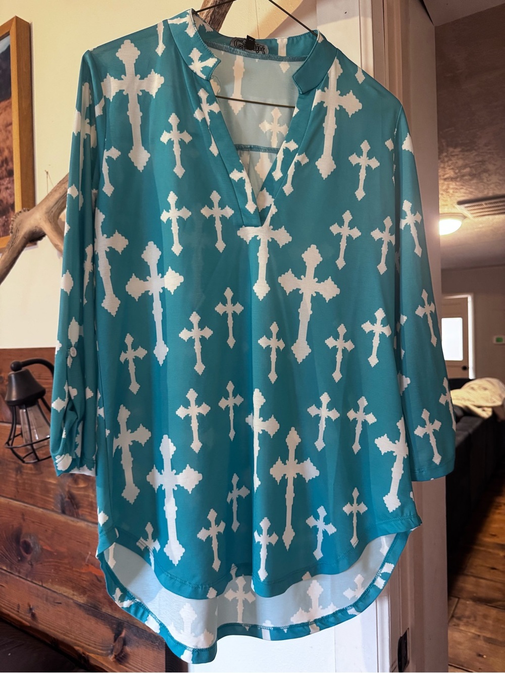 Women's Teal Cross-Print V-Neck Tunic